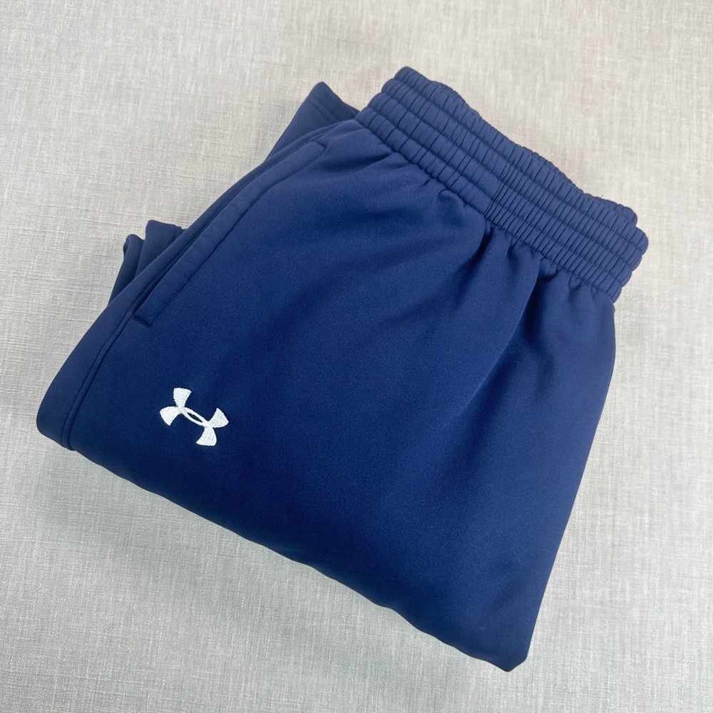 Under Armour Armour Fleece Team Pants Mens Large Navy Blue Loose Open Bottom EUC